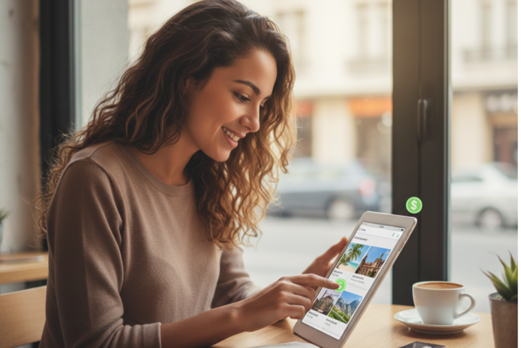 Imagem de uma mulher, escolhendo o destino para fazer uma viagem.