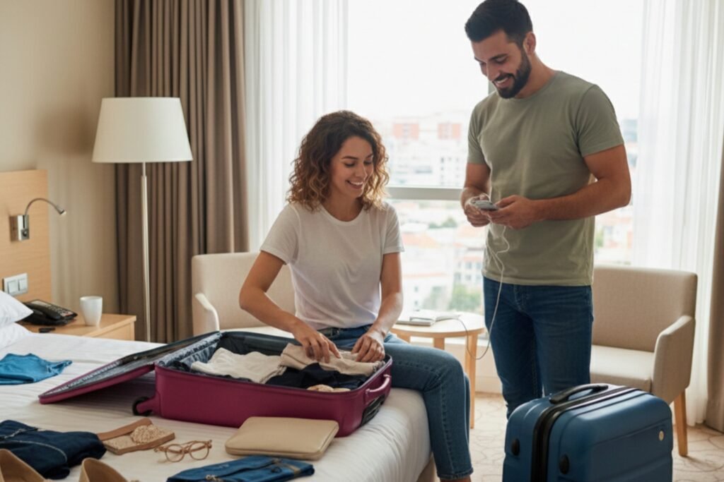 Um casal ajeitando ad malas para viajar para a lua de mel.