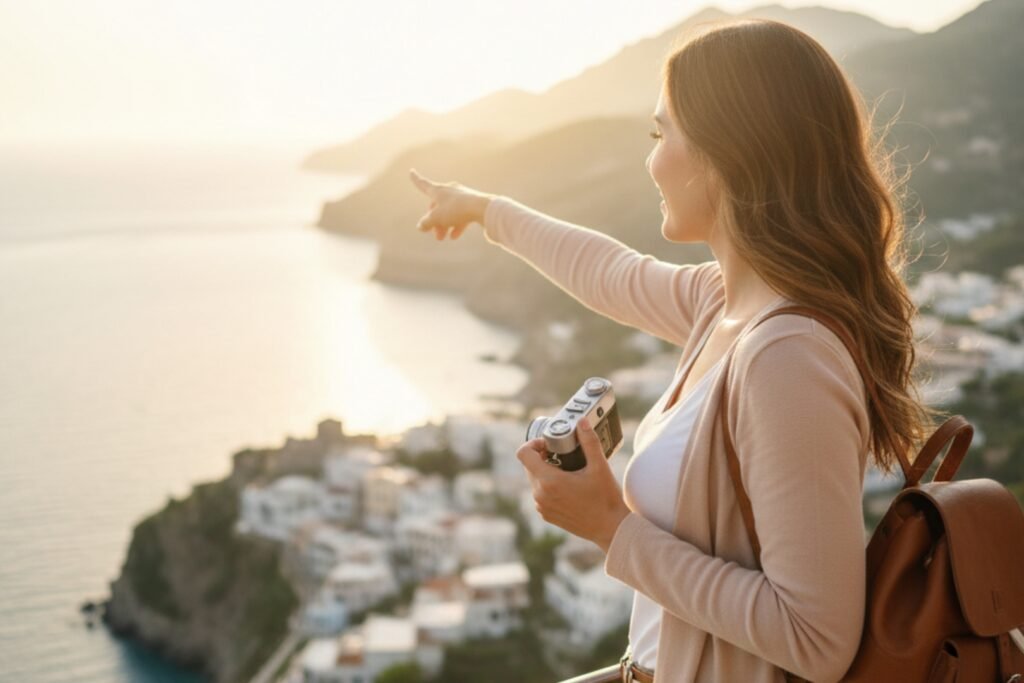 Uma mulher se divertindo durante as suas viagens e férias.
