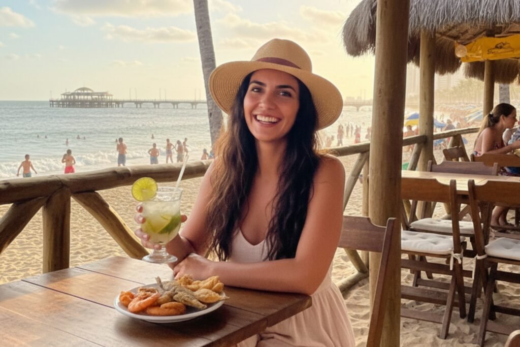 Uma mulher almoçando em um restaurante, na beira da praia em Fortaleza.