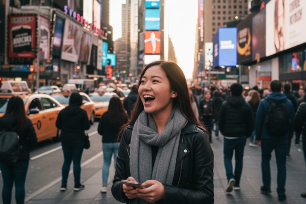 Uma mulher turista, que está passeando nos Estados Unidos.