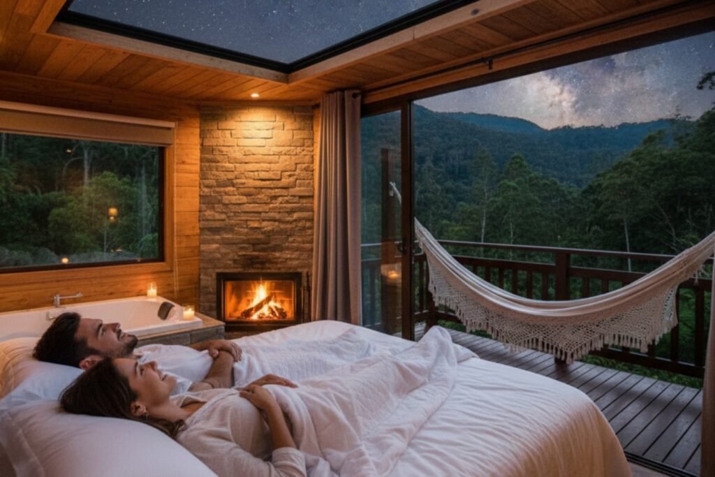 Um casal dormindo em uma cabana curtindo a sua lua de mel