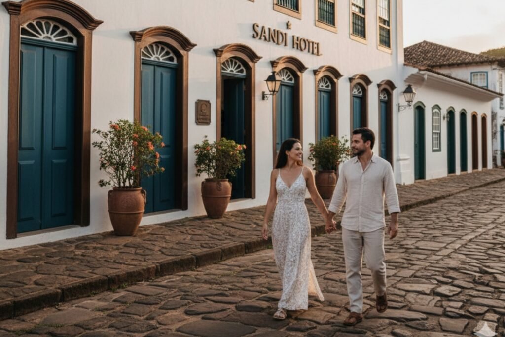 Um casal passeando perto do hotel em que estão Hospedado em sua lua de mel.