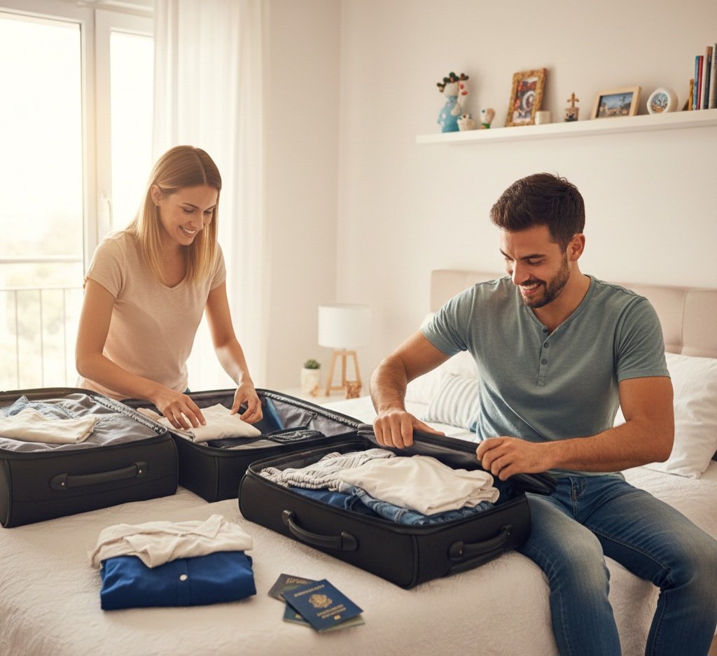 Um casal, arrumando suas malas para poder viajar em sua lua de mel.